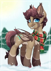 Size: 1920x2678 | Tagged: safe, artist:pvrii, oc, oc:cinnamon crisp, bat pony, pony, christmas, clothes, holiday, male, scarf, solo, stallion