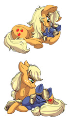 Size: 629x1092 | Tagged: safe, artist:celestial-rainstorm, derpibooru import, applejack, oc, oc:juniper berry, earth pony, pony, female, filly, mommajack, mother and child, mother and daughter, offspring, parent and child, parent:applejack, parent:oc:ash bark, parents:canon x oc, prone, simple background, sleeping, white background