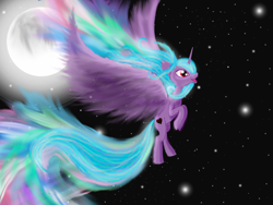 Size: 1600x1200 | Tagged: safe, artist:auroraswirls, oc, oc:aurora swirls, alicorn, pony, alicorn oc, female, flying, full moon, mare, moon, night, solo, stars