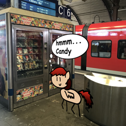 Size: 3024x3024 | Tagged: safe, artist:alexskleinewelt, oc, oc:alex bash, candy, food, instagram, real life background, snacks, stick pony, train, train station