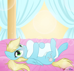 Size: 3000x2868 | Tagged: safe, artist:kim0508, oc, oc only, oc:steam cloud, pegasus, pony, bed, blushing, canopy bed, commission, cute, female, hug, looking at you, lying down, mare, on back, on bed, pillow, pillow hug, solo