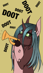 Size: 1600x2678 | Tagged: safe, artist:rosebudthevampiremar, oc, oc only, changedling, changeling, pony, unicorn, doot, musical instrument, pale belly, solo, trumpet
