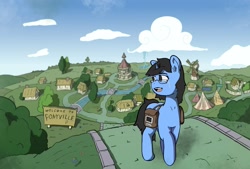 Size: 2131x1443 | Tagged: safe, artist:husdur, oc, oc only, oc:tinker doo, cloud, glasses, looking back, ponyville, ponyville town hall, road, saddle bag, scenery, solo, teary eyes, windmill
