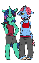 Size: 2616x4200 | Tagged: safe, artist:sexygoatgod, oc, oc only, oc:kasumi, oc:obsidian, anthro, unguligrade anthro, unicorn, choker, crossdressing, duo, femboy, horn, male, peace sign, simple background, smiling, unicorn oc, unshorn fetlocks, white background