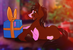 Size: 1459x1000 | Tagged: safe, artist:sunny way, oc, earth pony, pony, christmas, christmas tree, gift box, happy, holiday, male, new year, open mouth, present, smiling, solo, stallion, tree