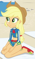 Size: 414x679 | Tagged: safe, screencap, applejack, better together, equestria girls, forgotten friendship, beach, clothes, cropped, female, freckles, frown, geode of super strength, magical geodes, sandals, solo, swimsuit, teenager