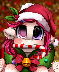 Size: 1446x1764 | Tagged: safe, artist:pridark, oc, oc:cotton, pegasus, pony, bell, blushing, candy, candy cane, christmas, commission, cute, food, hat, holiday, mouth hold, ocbetes, pridark's christmas ponies, santa hat, solo, wreath, ych result