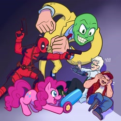 Size: 3850x3850 | Tagged: safe, artist:tyscope, pinkie pie, pony, boomstick (death battle), deadpool, death battle, exploitable meme, gun, handgun, meme, party cannon, pistol, the fourth wall cannot save you, the mask, wiz (death battle)