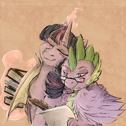 Size: 1000x1000 | Tagged: safe, artist:magentell, spike, twilight sparkle, twilight sparkle (alicorn), alicorn, dragon, pony, blushing, book, chest fluff, duo, eyes closed, female, glasses, hug, levitation, lidded eyes, magic, male, nuzzling, parchment, quill, shipping, slit eyes, straight, telekinesis, twispike, winged spike, winghug, wings, writing
