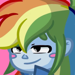 Size: 300x300 | Tagged: safe, artist:dusterbuster, rainbow dash, equestria girls, blue skin, blush sticker, bust, celeste, commission, crossover, head shot, icon, portrait, rainbow hair, smirk, smugdash, solo, style emulation