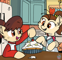 Size: 1121x1070 | Tagged: safe, artist:rainbow eevee, pony, cherry, cute, food, kitchen, luan loud, lynn loud, pie, ponified, the loud house, whipped cream