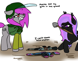 Size: 2000x1581 | Tagged: safe, artist:fluor1te, oc, oc:alilyia, oc:fluorite, bat pony, earth pony, pony, ak, ak-47, assault rifle, body armor, clothes, colored, counter-strike, crying, dirt, fangs, female, flat colors, gun, guns n roses, helmet, kevlar, lyrics, m4a1, mare, rifle, sad, shovel, teeth, text, visor, weapon