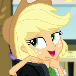 Size: 400x400 | Tagged: safe, screencap, applejack, equestria girls, rainbow rocks, cropped, hand on chin, solo