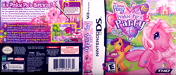 Size: 13064x5522 | Tagged: safe, pinkie pie, pinkie pie (g3), scootaloo, scootaloo (g3), earth pony, pony, g3, absurd resolution, balloon, box art, earthquake, game, high quality rip, nintendo, nintendo ds, official, pinkie pie's party, scan, scanned, thq, video game