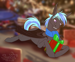 Size: 1200x1000 | Tagged: safe, artist:sunny way, oc, bat pony, pony, bat pony oc, bat wings, christmas, christmas tree, fangs, festral, happy, holiday, male, new year, present, solo, stallion, tree, wings