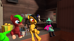 Size: 1920x1080 | Tagged: safe, artist:marianokun, oc, oc:marianokun, oc:rito, oc:zoey gallade, pegasus, pony, unicorn, 2fort, 3d, birthday, birthday cake, cake, chocolate, dalokohs bar, eating, food, happy, present, ralsei, sitting, source filmmaker, spanish description, table, team fortress 2