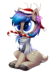 Size: 1095x1489 | Tagged: safe, artist:confetticakez, part of a set, oc, oc only, deer, antlers, candy, candy cane, christmas, clothes, commission, cute, deer oc, doe, female, flower, flower in hair, food, hat, holiday, mare, mouth hold, ocbetes, santa hat, scarf, shirt, simple background, sitting, solo, white background, ych result