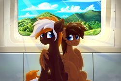 Size: 3000x2000 | Tagged: safe, artist:oblique, oc, oc:in7ac7, oc:wiley waves, earth pony, pegasus, pony, blushing, blushing profusely, chest fluff, cute, gay, hug, love, male, metro, mountain, mountain range, oc x oc, shipping, sitting, smiling, stallion, subway, train, winghug, wings, xouple