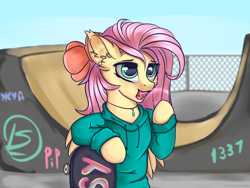 Size: 3000x2250 | Tagged: safe, artist:lakunae, fluttershy, pegasus, pony, semi-anthro, bow, bubblegum, clothes, cute, cute little fangs, cyrillic, fangs, female, food, gum, hoodie, mare, shyabetes, skateboard, teenager