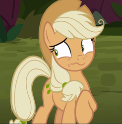 Size: 922x938 | Tagged: safe, screencap, mean applejack, pony, the mean 6, clone, cropped, nervous, raised hoof, shrunken pupils, solo, wavy mouth