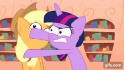 Size: 480x270 | Tagged: safe, artist:piemations, derpibooru import, applejack, twilight sparkle, unicorn twilight, earth pony, pony, unicorn, abuse, angry, animated, applecrack, duo, female, freckles, gif, gifs.com, golden oaks library, hat, jackabuse, mare, my little doomsday, slapping