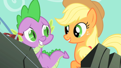 Size: 1280x720 | Tagged: safe, derpibooru import, screencap, applejack, spike, dragon, earth pony, pony, a dog and pony show, female, fishing rod, looking at each other, male, mare, raised hoof