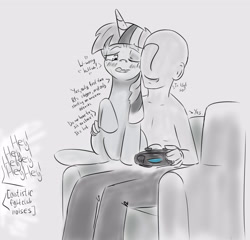 Size: 3842x3681 | Tagged: safe, artist:yukkuripalehorse, twilight sparkle, oc, oc:anon, human, pony, bait and switch, controller, dialogue, dualshock controller, innocent innuendo, video game