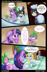 Size: 724x1103 | Tagged: safe, artist:artwallofe, spike, twilight sparkle, twilight sparkle (alicorn), oc, oc:everchanging, oc:fallenlight, alicorn, dragon, comic:curse and madness, mlpcam, nurse