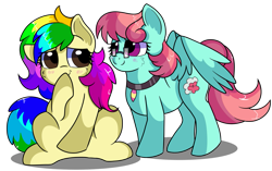 Size: 1127x709 | Tagged: safe, artist:rainbowtashie, oc, oc:gentle breeze, oc:rainbow tashie, earth pony, pegasus, pony, blushing, commissioner:bigonionbean, cute, fusion, fusion:gentle breeze, glasses, jewelry, necklace, nintendo 64, writer:bigonionbean