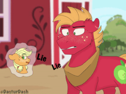 Size: 1200x896 | Tagged: safe, artist:dasturdash, applejack, big macintosh, earth pony, pony, where the apple lies, animated, freckles, gif, lie, offscreen character, sweat, sweatdrop, sweet apple acres, sweet apple acres barn, teenage applejack, teenage big macintosh, teenager, yoke, young, younger