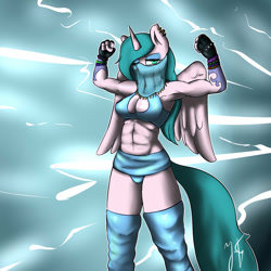 Size: 1280x1280 | Tagged: safe, artist:shadowchisel, oc, oc only, oc:soprano spell, alicorn, anthro, abs, alicorn oc, armpits, breasts, cleavage, female, mare, muscular female, solo, sports, veil, wrestling