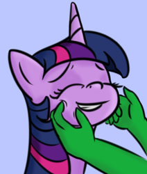 Size: 736x867 | Tagged: safe, artist:yukkuripalehorse, twilight sparkle, oc, oc:anon, human, pony, /mlp/, blue background, cheek squish, cute, eyes closed, holding head, petting, simple background, smiling, squishy cheeks, twiabetes