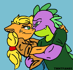 Size: 575x546 | Tagged: safe, artist:tmntfan85, applejack, spike, anthro, applespike, bedroom eyes, female, male, older, older spike, shipping, straight