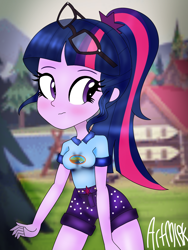 Size: 1536x2048 | Tagged: safe, artist:artmlpk, sci-twi, twilight sparkle, equestria girls, legend of everfree, blushing, breasts, camp everfree outfits, clothes, cute, female, glasses, hand on thigh, legs, looking back, ponytail, shirt, shorts, solo, t-shirt, thighs, twiabetes