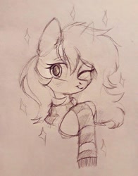 Size: 581x741 | Tagged: safe, artist:raily, oc, oc:mirta whoowlms, pegasus, pony, bust, clothes, scarf, sketch, solo