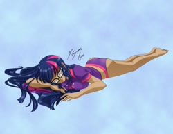 Size: 1017x786 | Tagged: safe, artist:shinta-girl, twilight sparkle, human, equestria girls, anime style, ass, barefoot, breasts, butt, clothes, dark skin, feet, female, glasses, human coloration, humanized, legs, panties, purple underwear, sleeping, solo, twibutt, underwear, undies