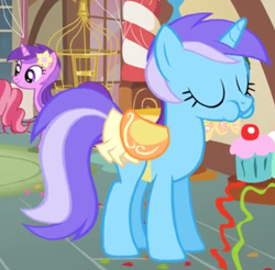 Size: 822x808 | Tagged: safe, screencap, amethyst star, cup cake, diamond mint, sparkler, pony, unicorn, a bird in the hoof, aweeg*, background pony, cropped, cupcake, eating, eyes closed, female, food, mare, recolor, saddle, solo focus, tack