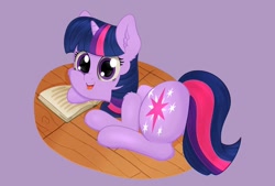 Size: 1088x734 | Tagged: safe, artist:yelowcrom, twilight sparkle, pony, book, butt, cheek fluff, female, looking at you, solo