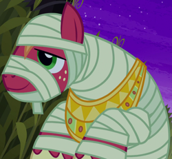 Size: 1076x996 | Tagged: safe, screencap, big macintosh, earth pony, pony, scare master, clothes, corn, costume, cropped, food, jewelry, mummy costume, mummy mac, necklace, nightmare night, nightmare night costume