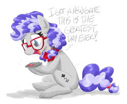 Size: 3900x3200 | Tagged: safe, artist:flutterthrash, oc, oc only, oc:cinnabyte, earth pony, pony, adorkable, ascot, bandana, cartridge, cute, d-pad, dork, earth pony oc, female, game cartridge, glasses, mare, neckerchief, nintendo, open mouth, pigtails, simple background, smiling, solo, super nintendo, super nintendo entertainment system, video game, white background