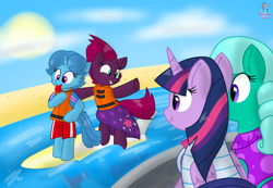 Size: 1920x1330 | Tagged: safe, artist:rainbow eevee, fizzlepop berrytwist, glitter drops, spring rain, tempest shadow, twilight sparkle, twilight sparkle (alicorn), alicorn, pony, unicorn, series:sprglitemplight life jacket days, series:springshadowdrops life jacket days, bipedal, blowing whistle, clothes, cloud, cute, equestria girls outfit, female, glitterlight, glittershadow, lesbian, lifeguard, lifeguard spring rain, lifejacket, ocean, polyamory, sand, shipping, sprglitemplight, springdrops, springlight, springshadow, springshadowdrops, sun, surfboard, surfing, swimsuit, tempestlight, underhoof, watching, water, waving, whistle