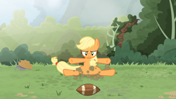 Size: 3840x2160 | Tagged: safe, artist:brutalweather studio, derpibooru import, applejack, earth pony, pony, american football, derp, forest, landing, literal butthurt, lol, ponyville's incident, show accurate, smack, smack dat ass, sports, this is going to hurt, this will end in pain