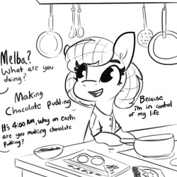 Size: 1080x1080 | Tagged: safe, artist:tjpones, oc, oc only, oc:melba toast, earth pony, pony, bipedal, cooking, dialogue, female, hair net, mare, meme, monochrome, offscreen character, open mouth, rugrats, simple background, subverted meme, white background