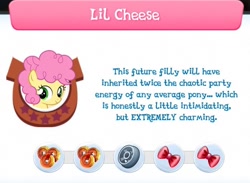 Size: 698x512 | Tagged: safe, li'l cheese, the last problem, bowtie, coin, cute, female, filly, game, gameloft, official, solo