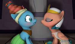 Size: 1819x1077 | Tagged: safe, artist:pika-robo, derpibooru exclusive, meadowbrook, somnambula, earth pony, pegasus, pony, 3d, blushing, duo, duo female, eyes closed, female, hesitant, imminent kissing, lesbian, not sure if want, pillar, shipping, sitting, somnambrook, source filmmaker