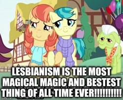 Size: 554x448 | Tagged: safe, edit, edited screencap, editor:useraccount, screencap, aunt holiday, auntie lofty, granny smith, snap shutter, the last crusade, caption, cropped, duo focus, excessive exclamation marks, female, holding hooves, image macro, lesbian, lofty day, shipping, text