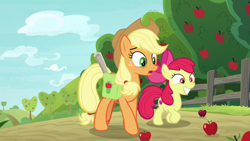 Size: 1920x1080 | Tagged: safe, derpibooru import, screencap, apple bloom, applejack, earth pony, pony, going to seed, apple, apple tree, fence, saddle bag, tree