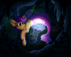 Size: 1280x1024 | Tagged: safe, artist:mintkly, scootaloo, jellyfish, pegasus, seapony (g4), bioluminescent, cave, ear fluff, open mouth, seaponified, seapony scootaloo, seaweed, solo, species swap, stalactite, underwater