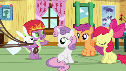 Size: 1280x720 | Tagged: safe, screencap, angel bunny, apple bloom, scootaloo, spike, sweetie belle, dragon, earth pony, pegasus, pony, rabbit, unicorn, just for sidekicks, animal, blank flank, bow, claws, clubhouse, crusaders clubhouse, cute, cutie mark crusaders, displeased, eyes closed, female, filly, hair bow, measuring cup, open mouth, raised arm, raised eyebrow, slit eyes, spread wings, wings
