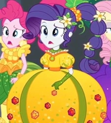 Size: 750x831 | Tagged: safe, screencap, fluttershy, pinkie pie, rarity, better together, equestria girls, holidays unwrapped, clothes, cornucopia costumes, cropped, dress, inflatable dress, o come all ye squashful, solo